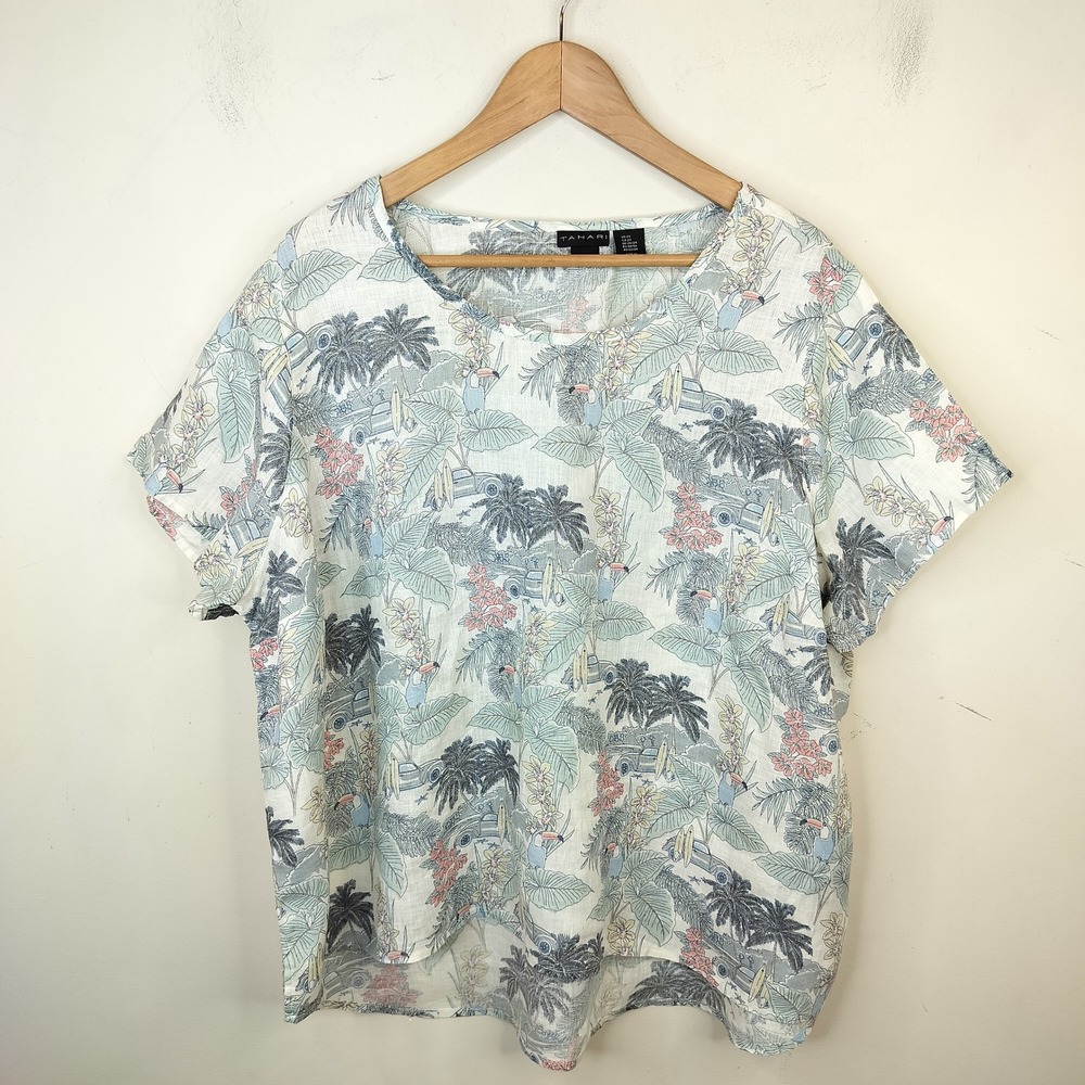 Tahari Linen Top 2X Tropical Beach Surf Scenic Short Sleeve Hi Low